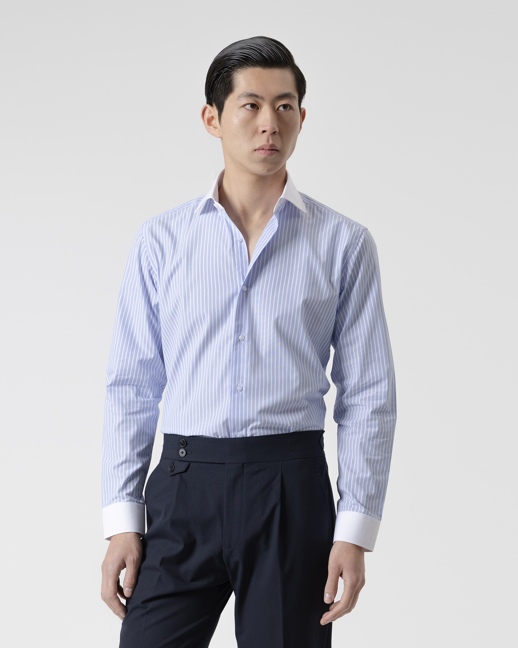 Imagem 0 de Camisa Formal Às Riscas com Gola em Contraste Regular Fit Azul