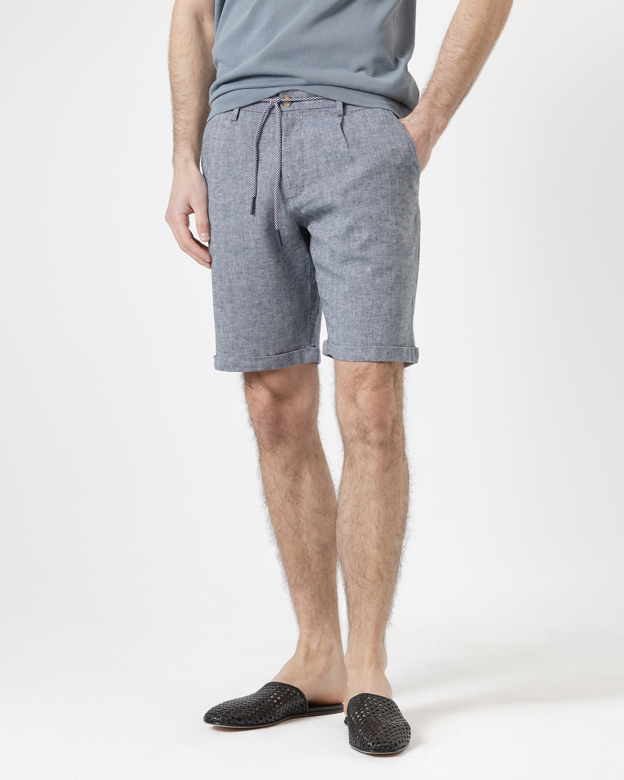 Bermuda Espiga em Linho Algodão Slim Fit Azul-2