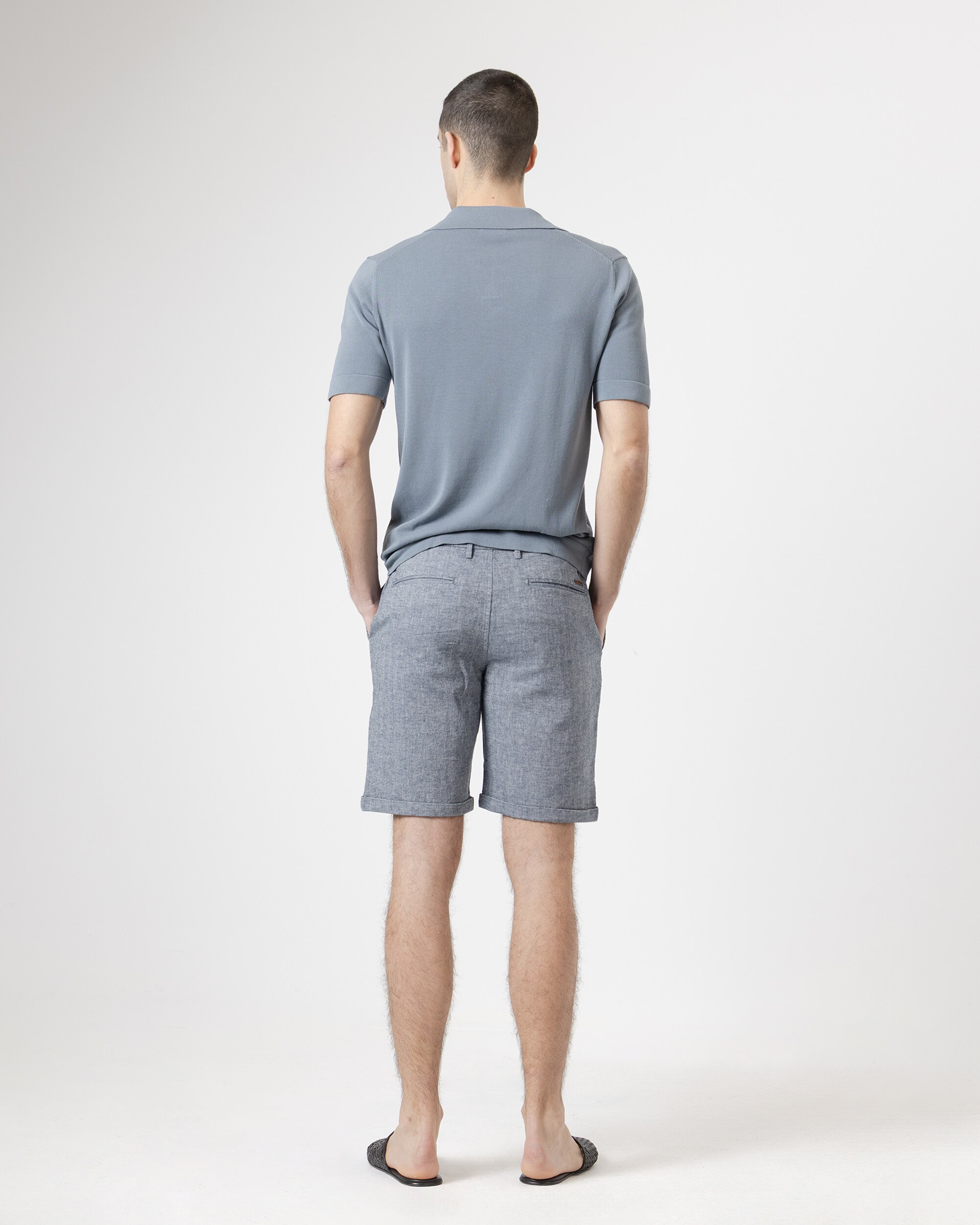 Bermuda Espiga em Linho Algodão Slim Fit Azul-4