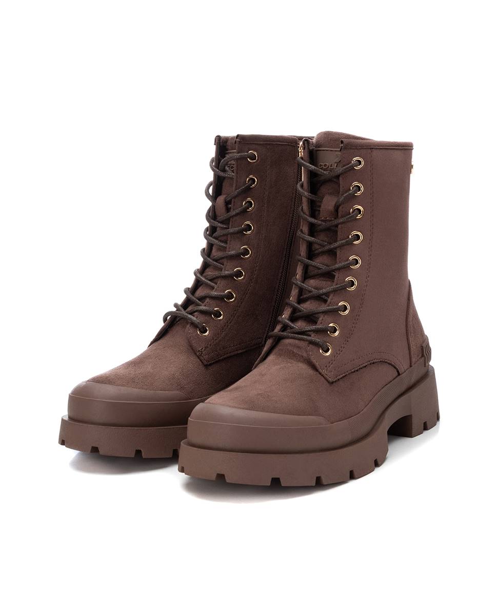 Botins Rasos com Cordões e Fecho Zip Lateral Castanho-escuro-4