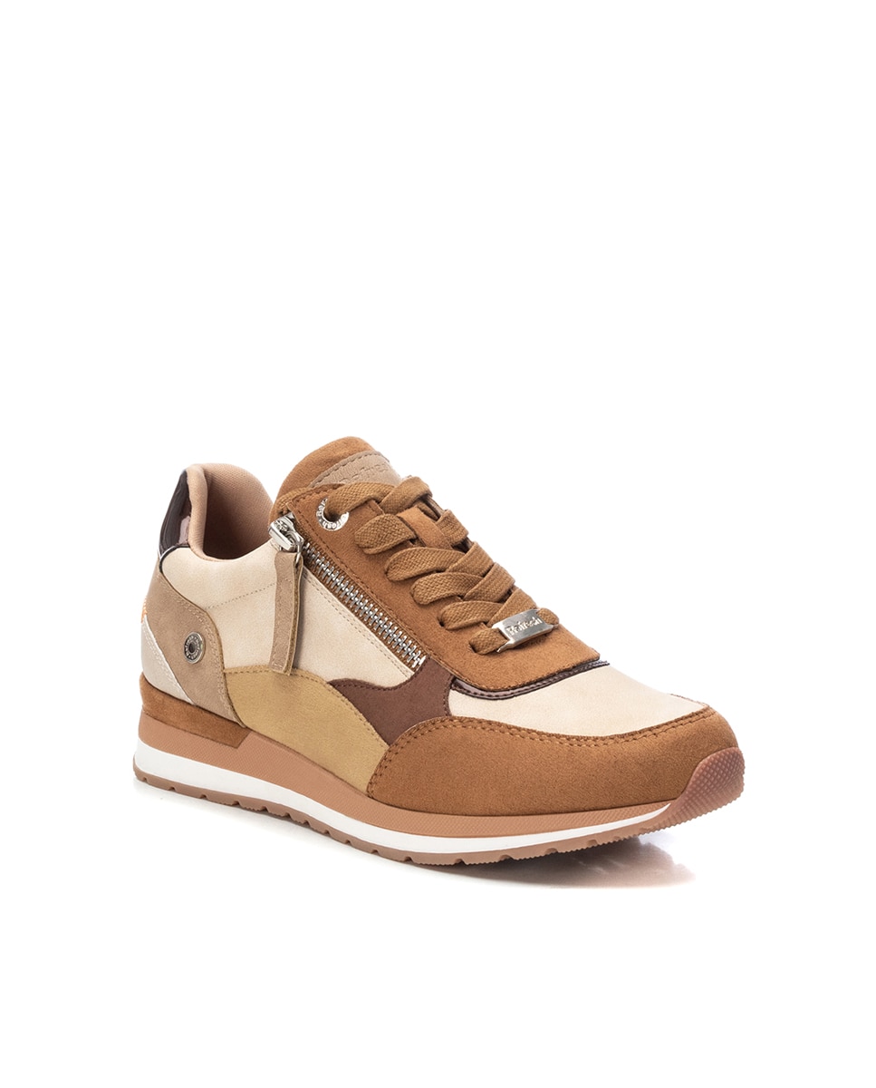 Sapatilhas Básicas com Atacadores e Fecho Zip Lateral Camel-3