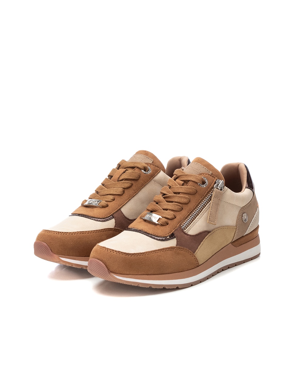 Sapatilhas Básicas com Atacadores e Fecho Zip Lateral Camel-5