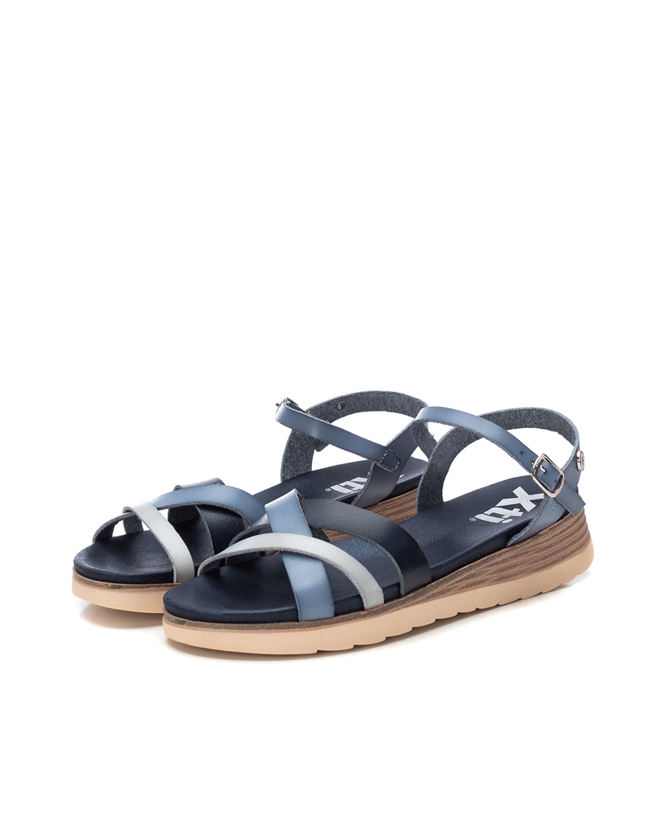 Sandálias de Cunha com Fecho de Fivela Azul / Branco-5