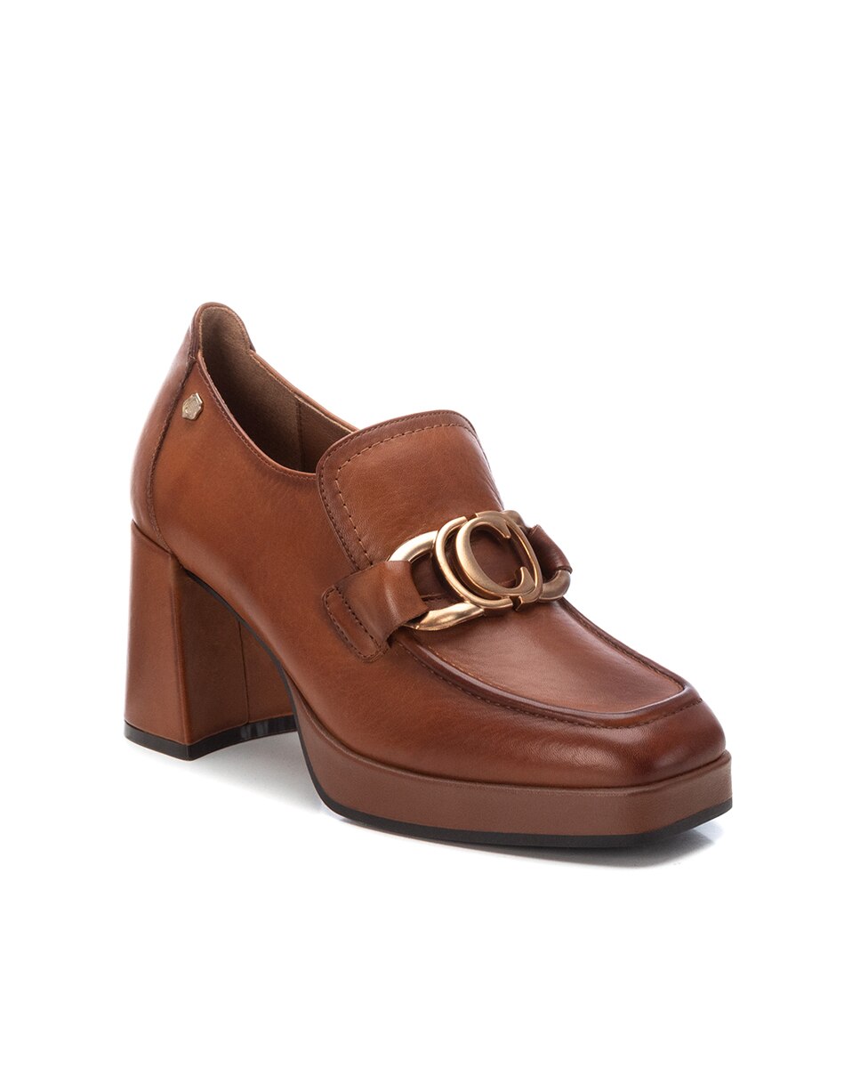 Mocassim de Pele com Salto Camel-3