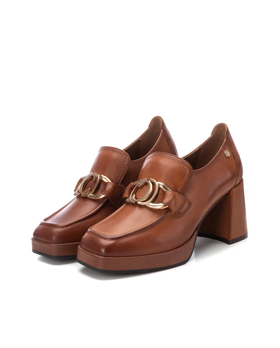 Mocassim de Pele com Salto Camel-5