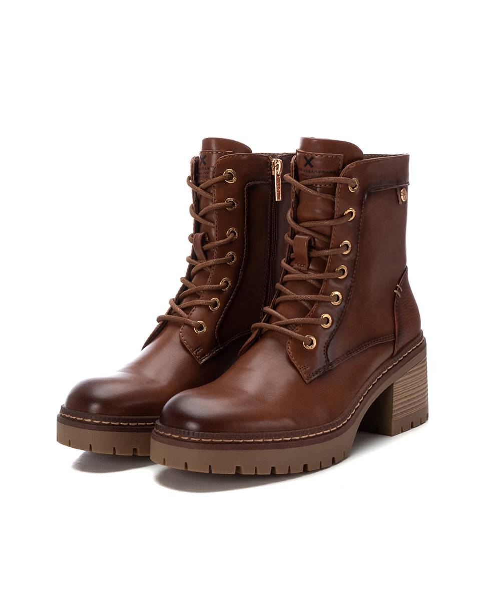 Botins com Cordões e Salto Largo Camel-4