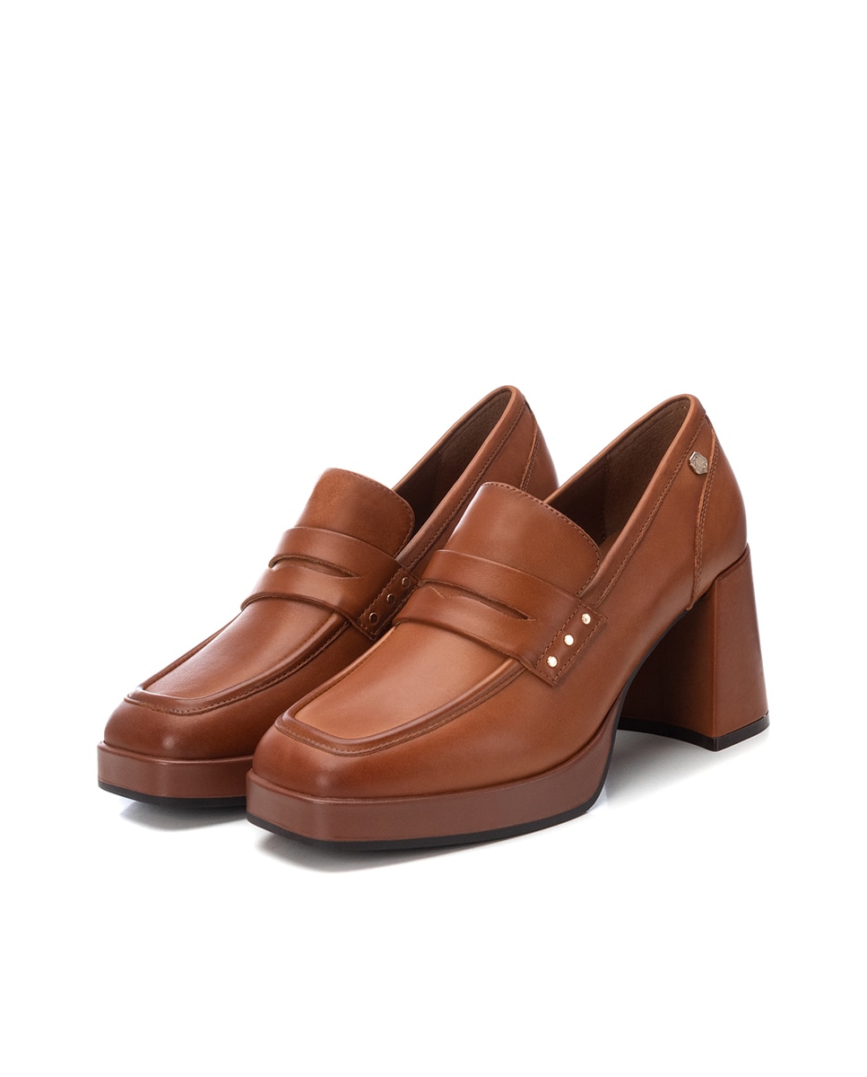 Mocassins com Salto de Pele Camel-5