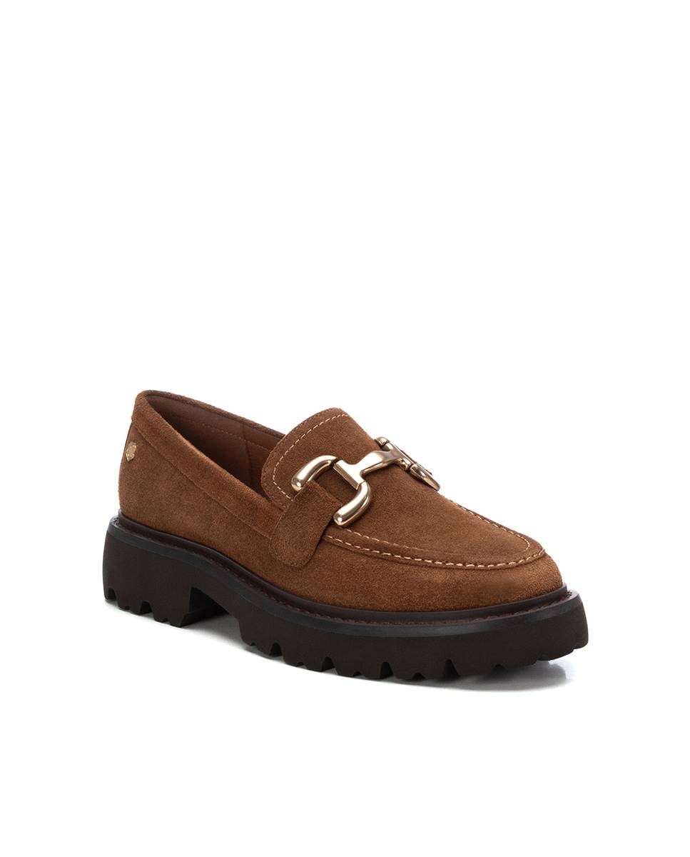 Mocassins de Pele Rasos com Fivela Castanho-3