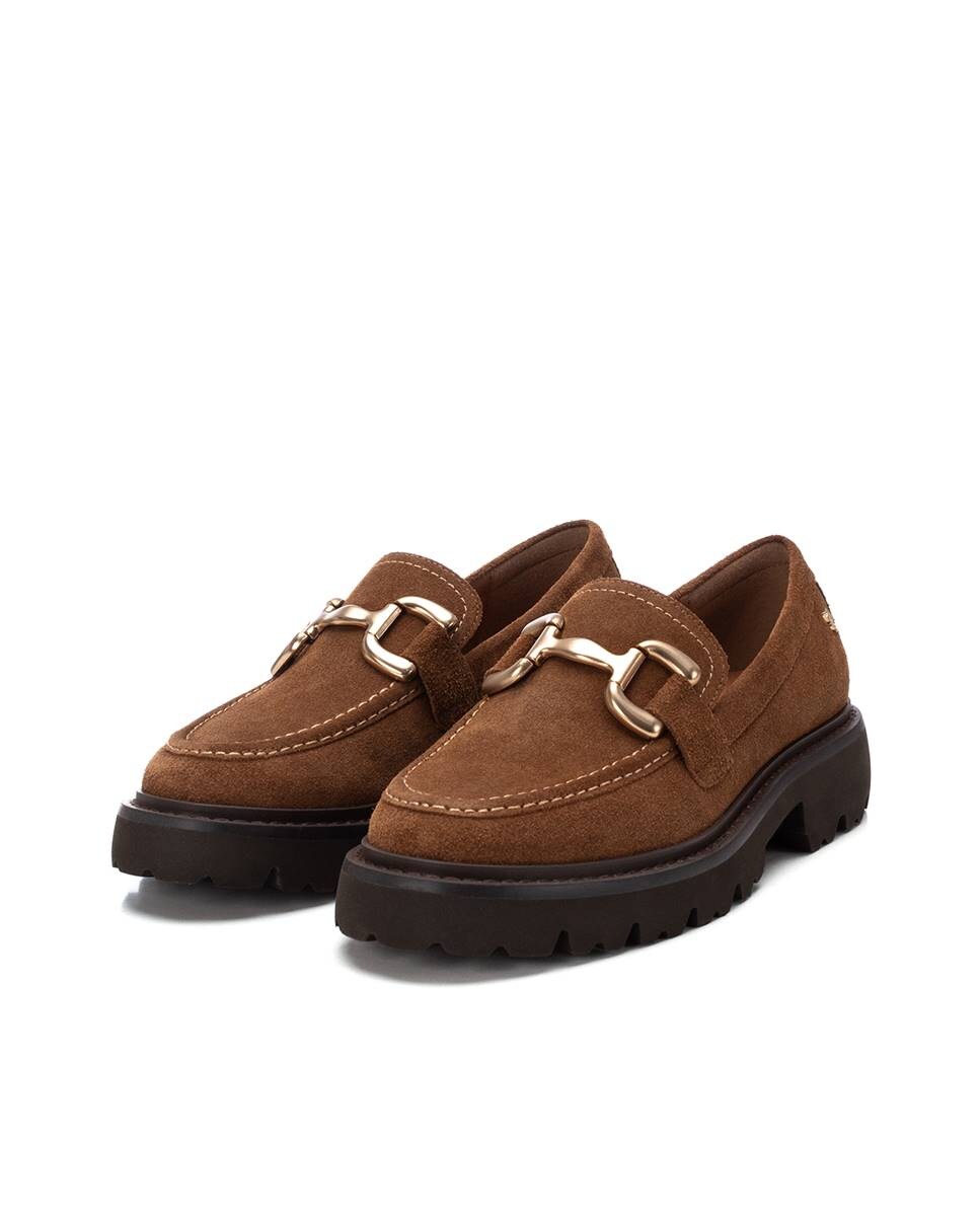 Mocassins de Pele Rasos com Fivela Castanho-5