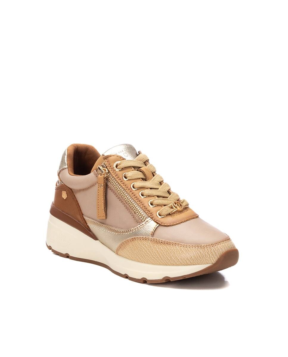 Sapatilhas de Pele com Atacadores e Sola de Borracha Bege-3