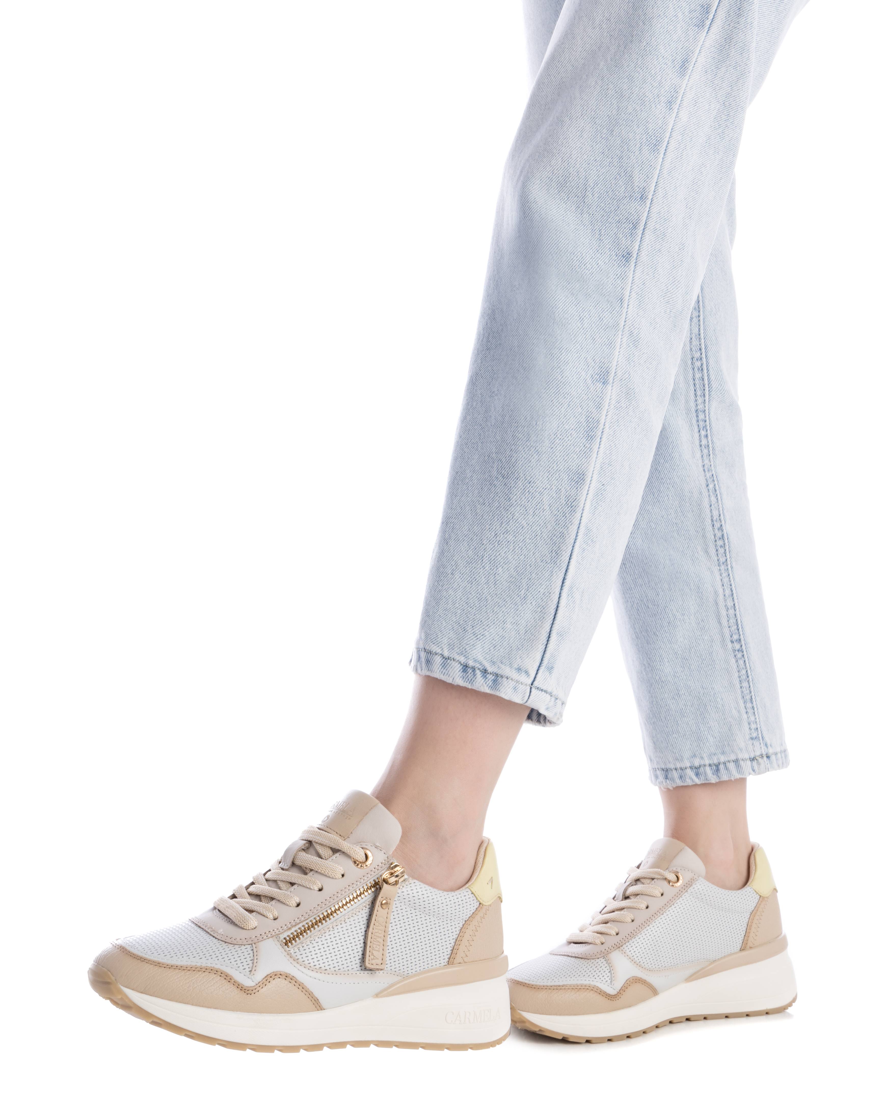 Sapatilhas de Pele com Fecho Zip Bege-2