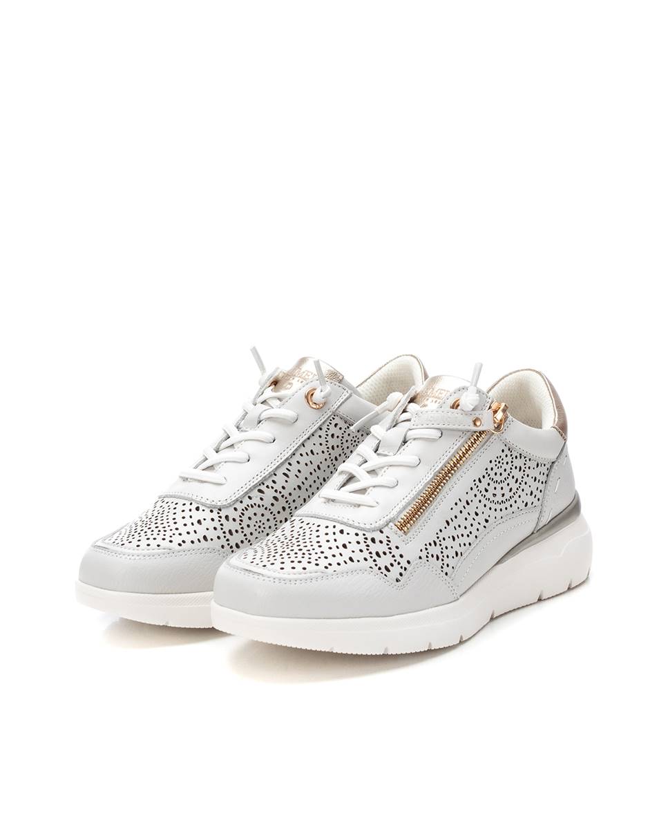 Sapatilhas Básicas de Pele com Fecho Zip Branco-5