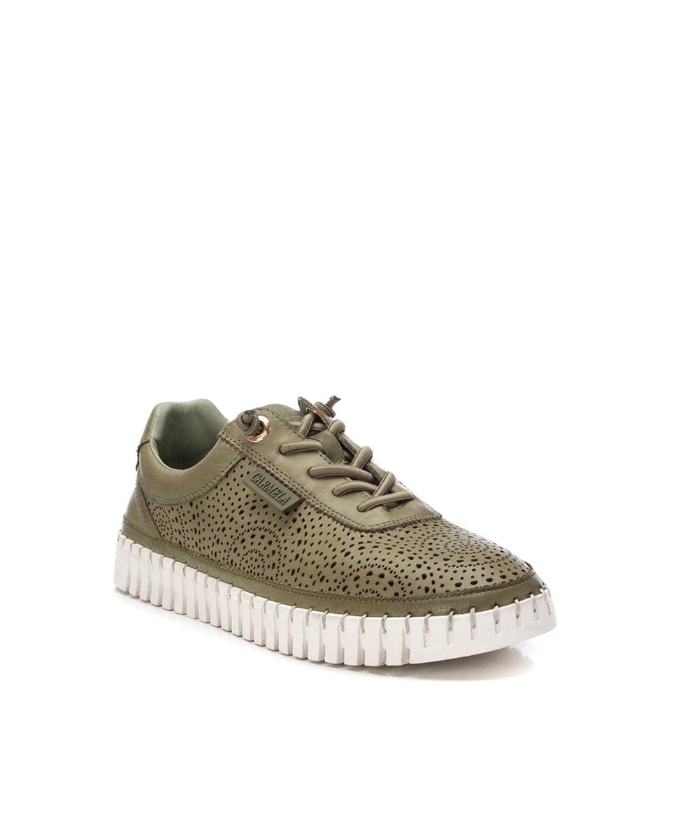 Sapatos de Cordões Rasos de Pele Caqui-3