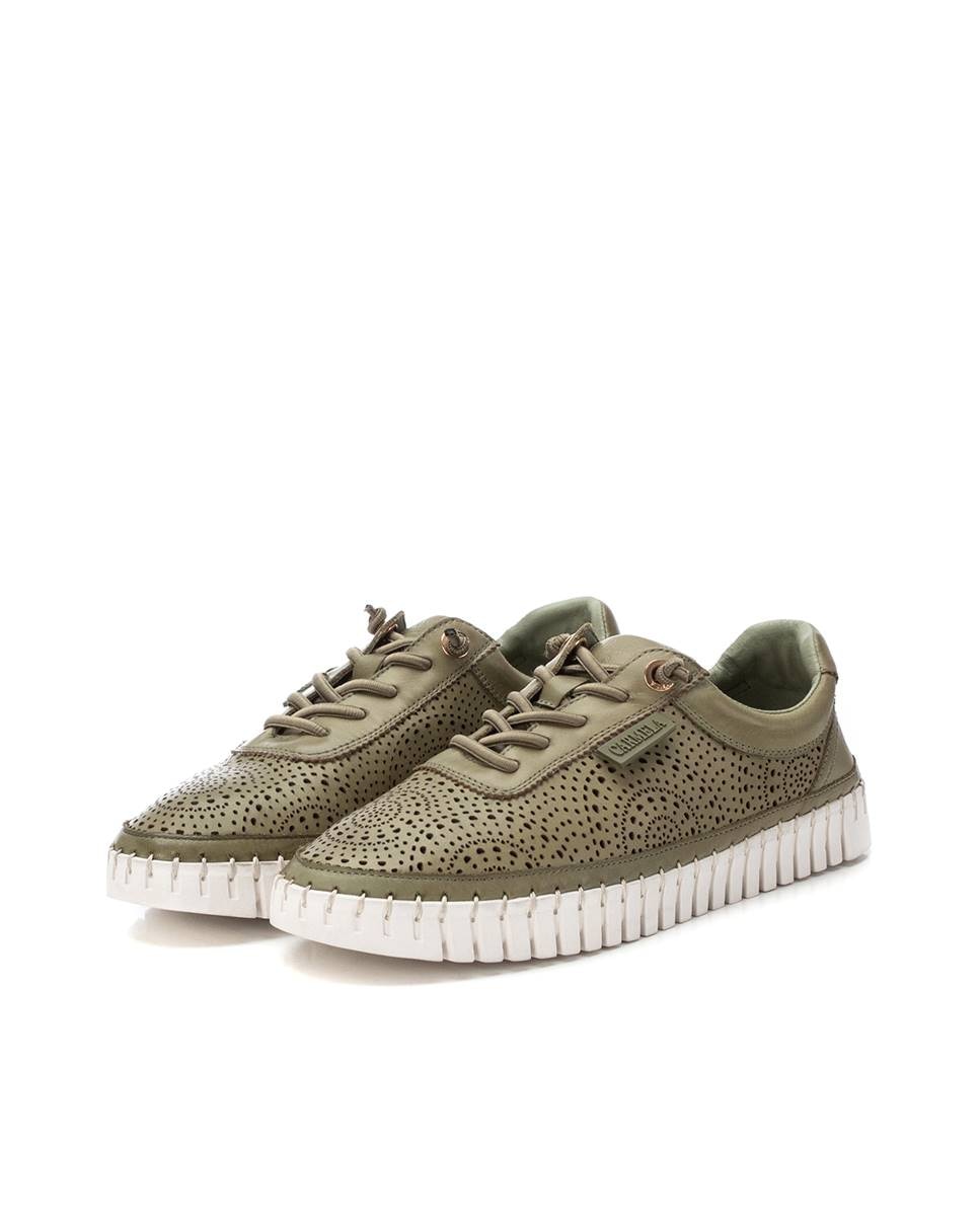 Sapatos de Cordões Rasos de Pele Caqui-5