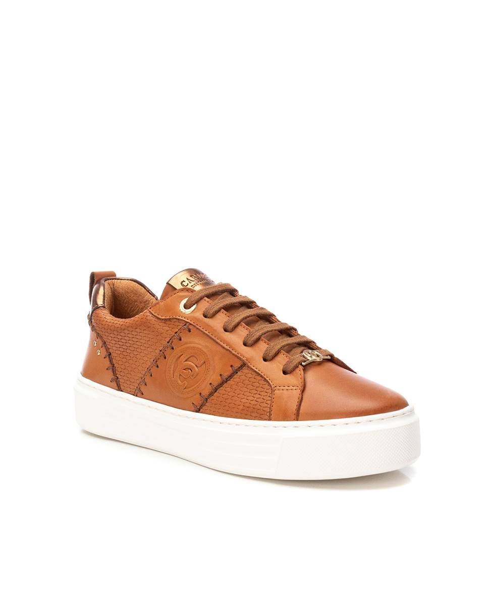 Sapatilhas Básicas de Pele com Cordões Camel-3