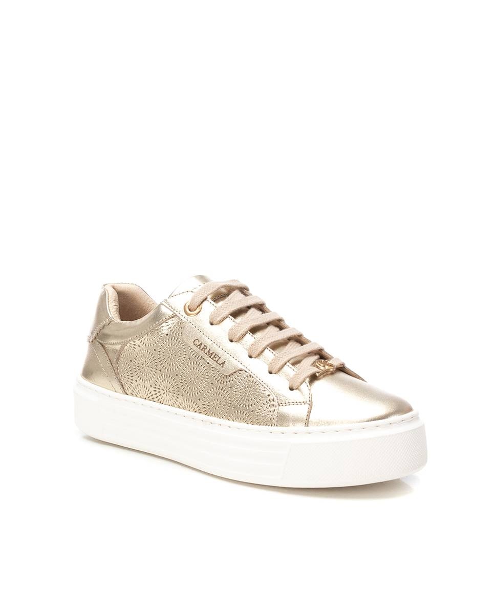 Sapatilhas Básicas de Pele com Cordões Ouro-3