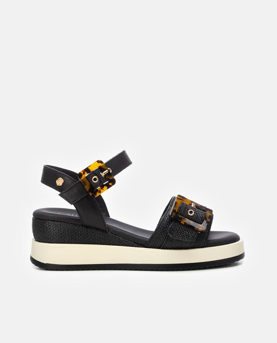 Sandálias com Cunha em Pele com Fecho de Fivela Preto-1