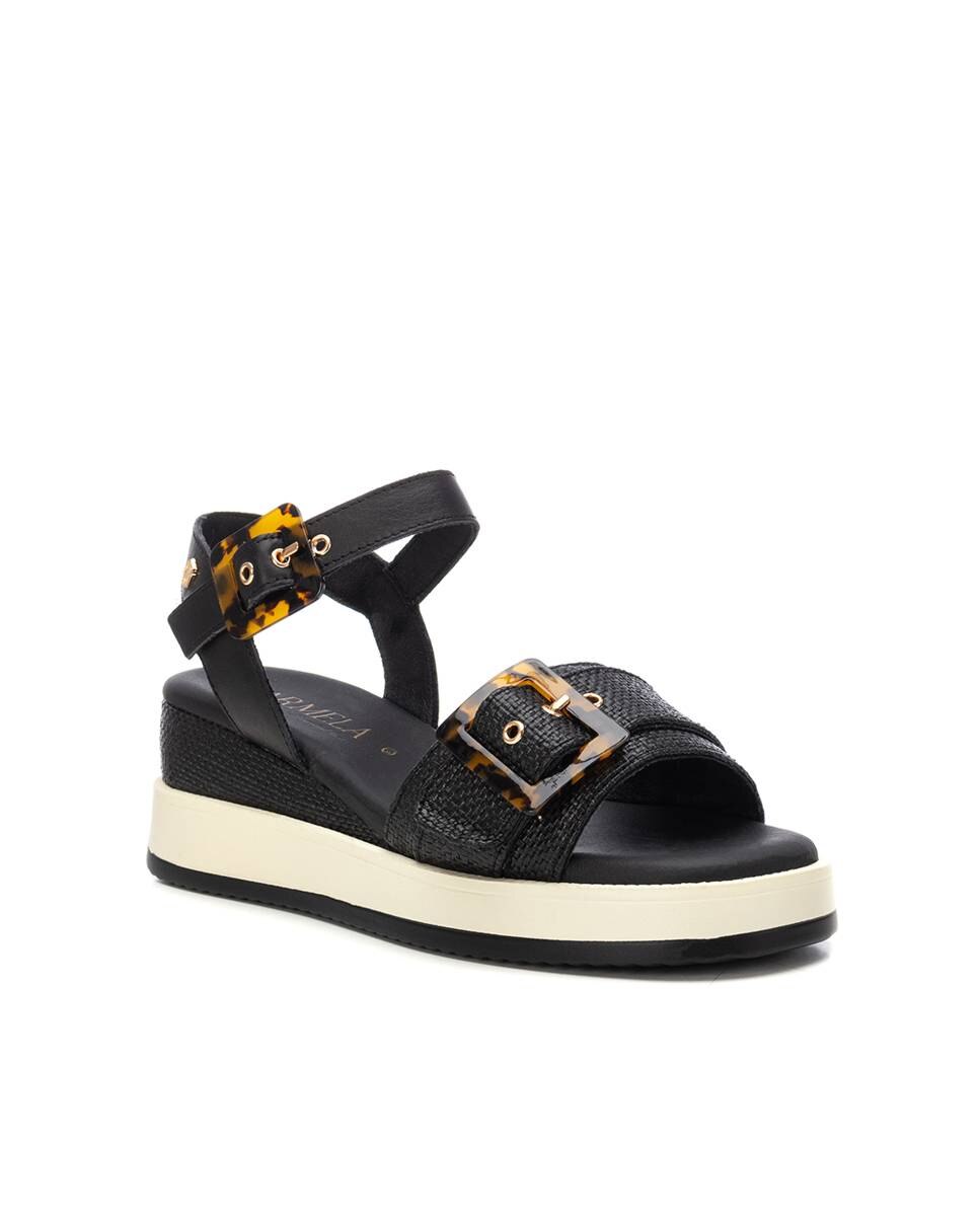 Sandálias com Cunha em Pele com Fecho de Fivela Preto-3