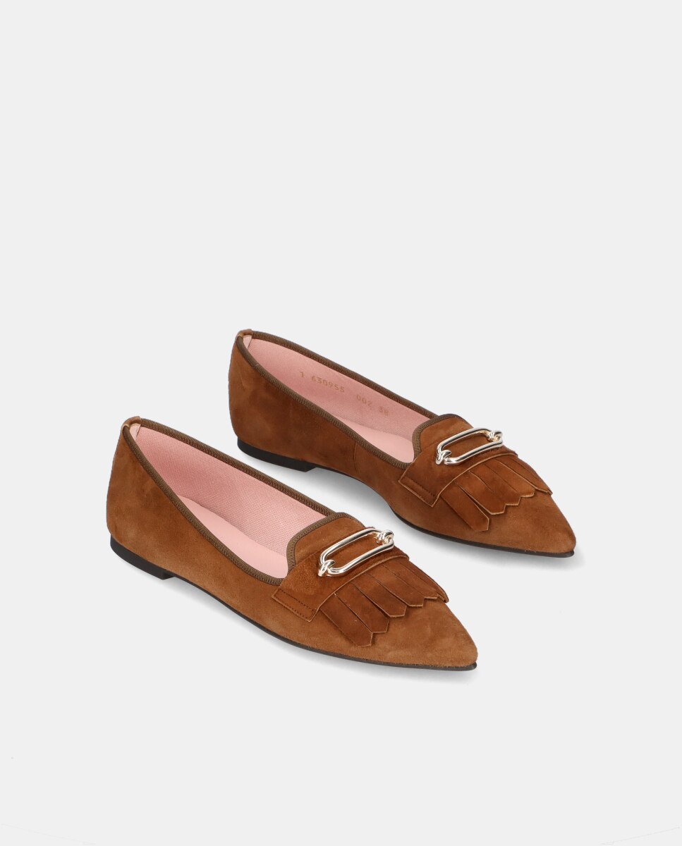 Mocassins Rasos Ella em Camurça com Franjas Castanho-claro-2