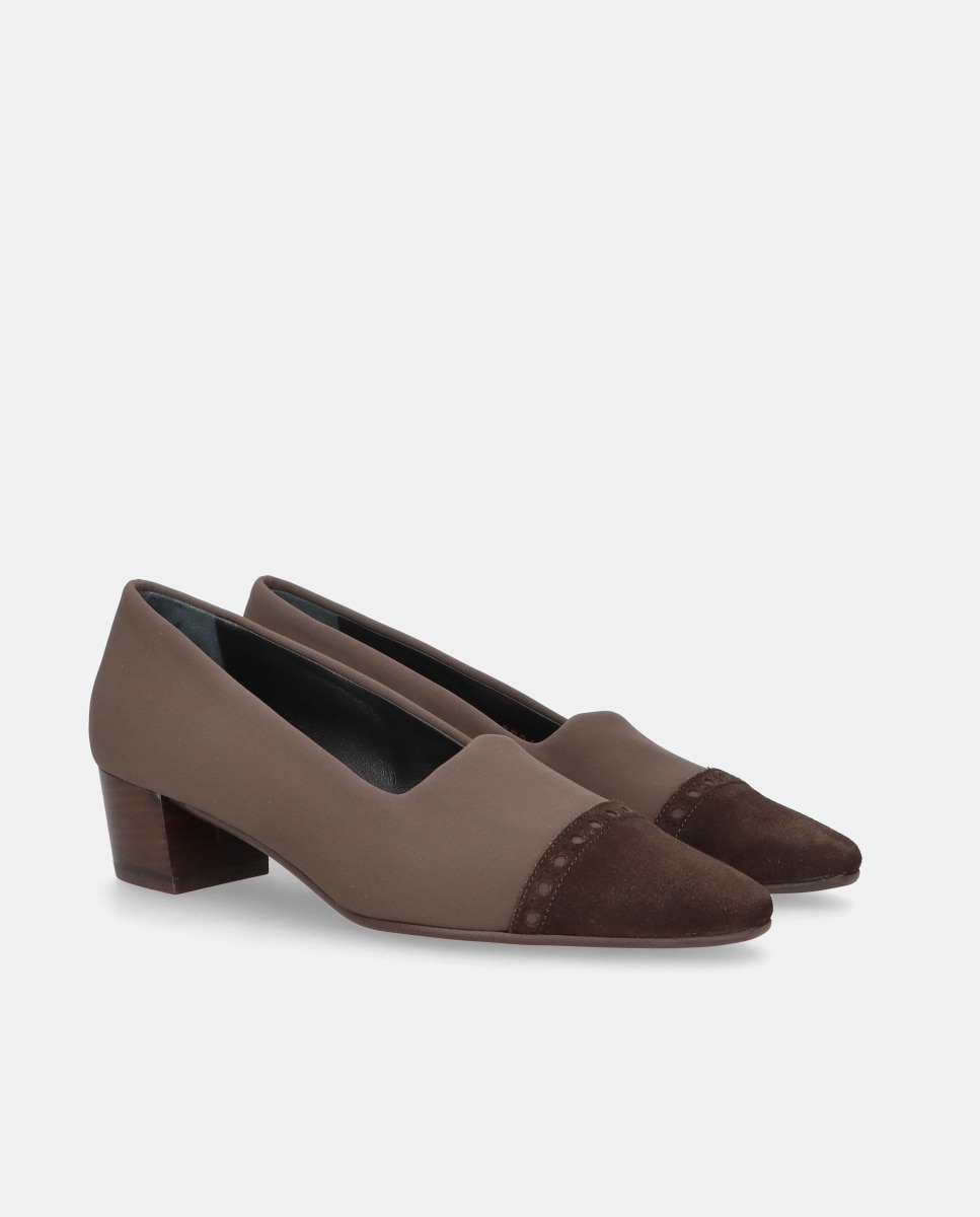 Sapatos de Salto Greta em Tecido Elástico e Camurça Castanho-2