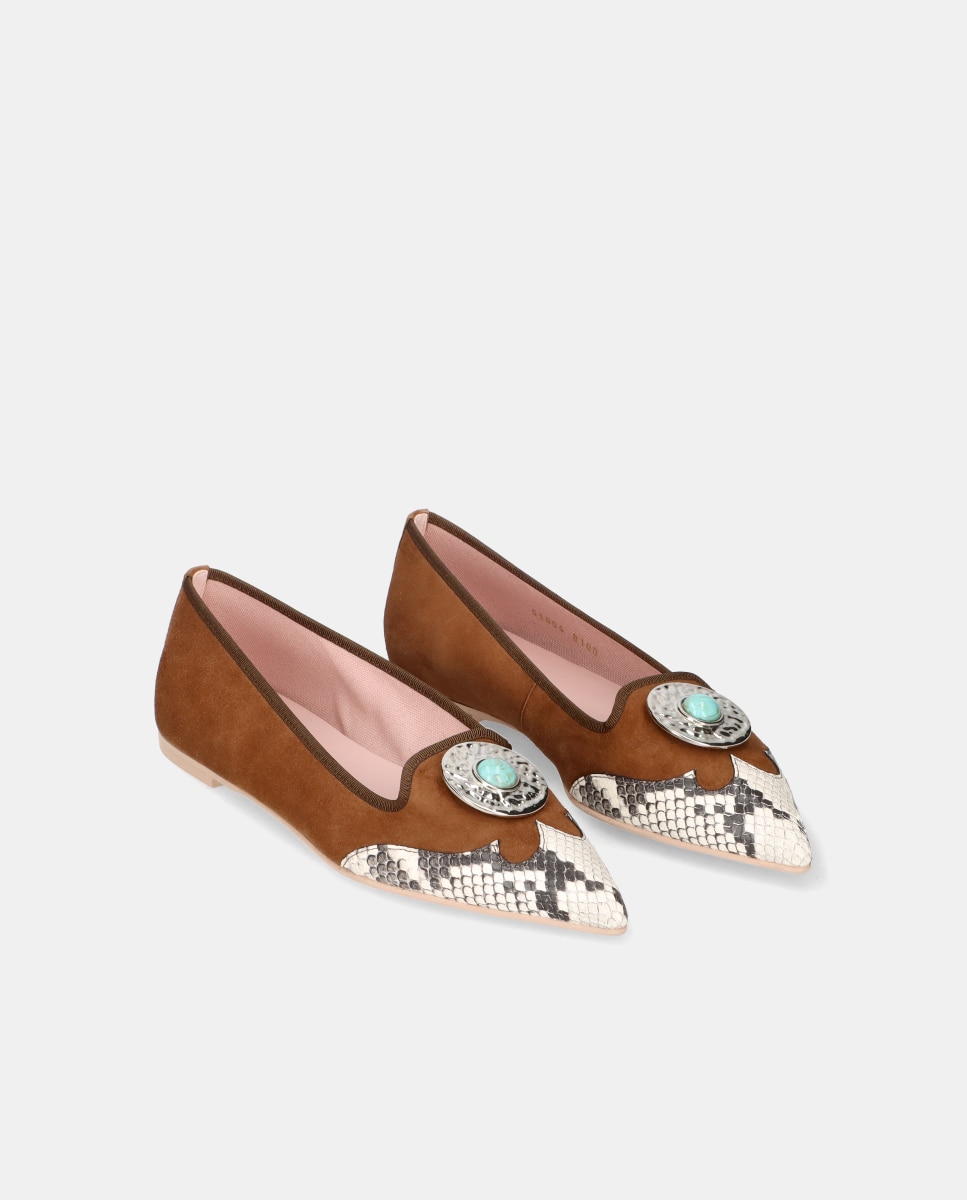 Mocassins Paris em Camurça Suave e Napa com Estampado de Serpente Castanho / Branco gasto-2