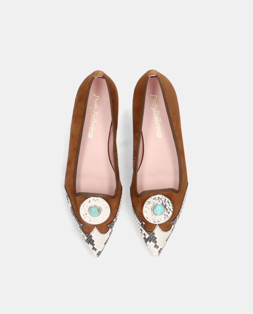 Mocassins Paris em Camurça Suave e Napa com Estampado de Serpente Castanho / Branco gasto-3