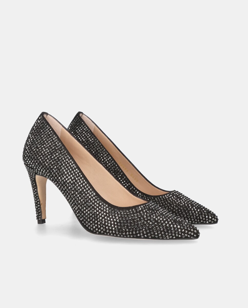 Sapatos de Salto Alya em Camurça com Strass Preto-2