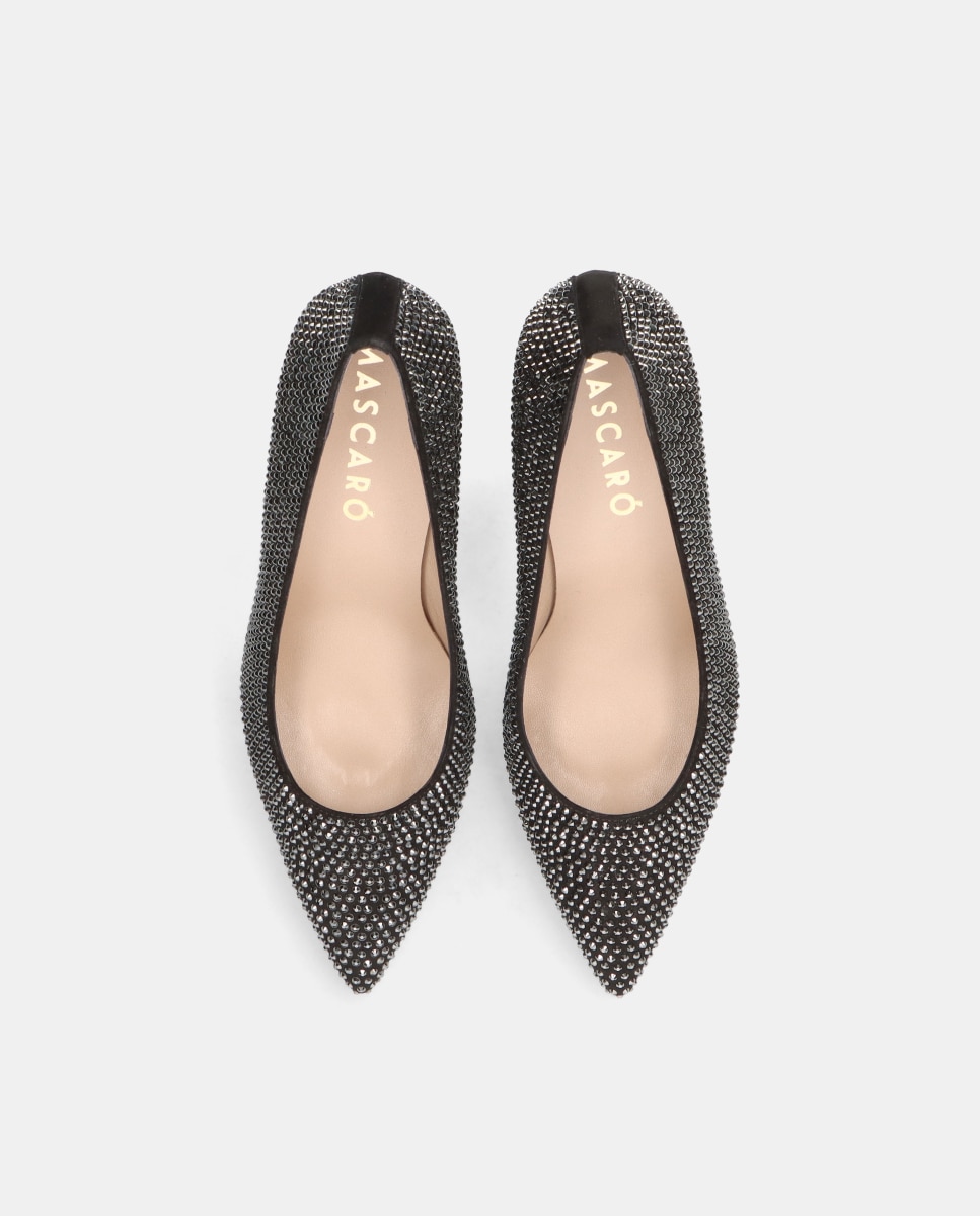 Sapatos de Salto Alya em Camurça com Strass Preto-3