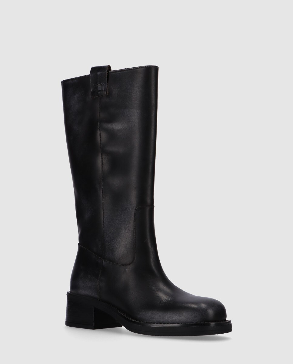 Botas de Pele Efeito Desgastado e Tacão Bloco Preto-2