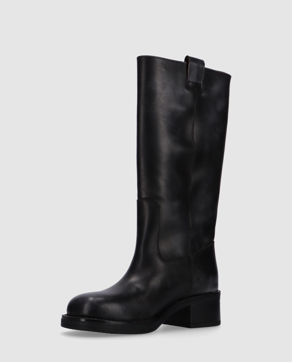 Botas de Pele Efeito Desgastado e Tacão Bloco Preto-3