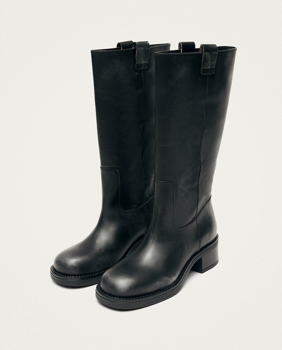 Botas de Pele Efeito Desgastado e Tacão Bloco Preto-6