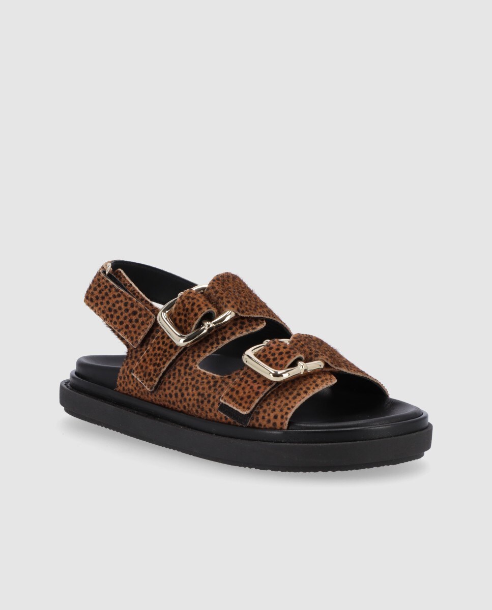 Sandálias Rasas de Pele com Fivelas Castanho-claro-2