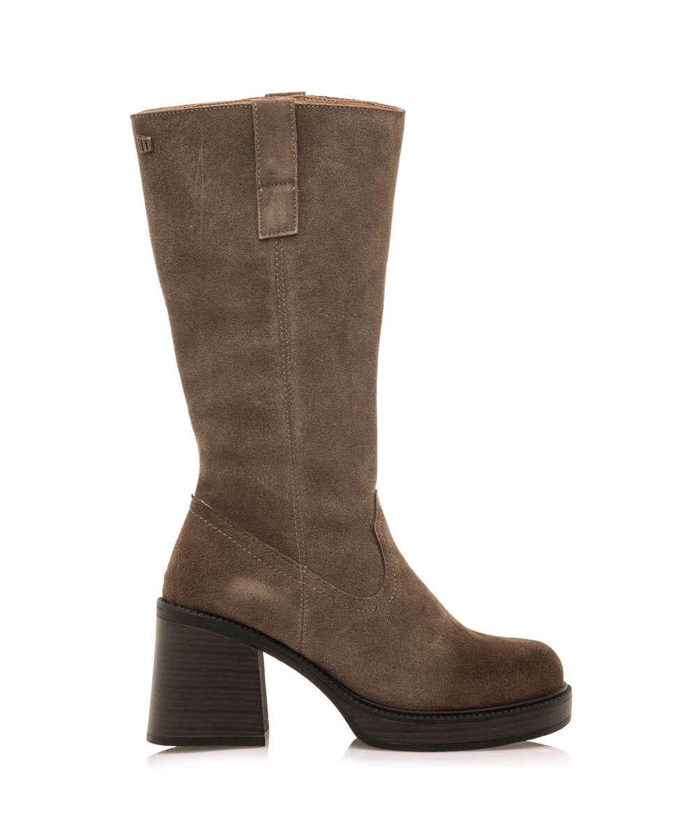 Botas Altas em Pele com Salto Largo e Plataforma Castanho-escuro-1