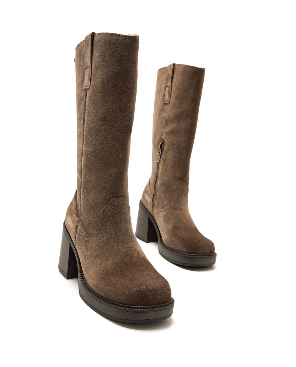 Botas Altas em Pele com Salto Largo e Plataforma Castanho-escuro-2