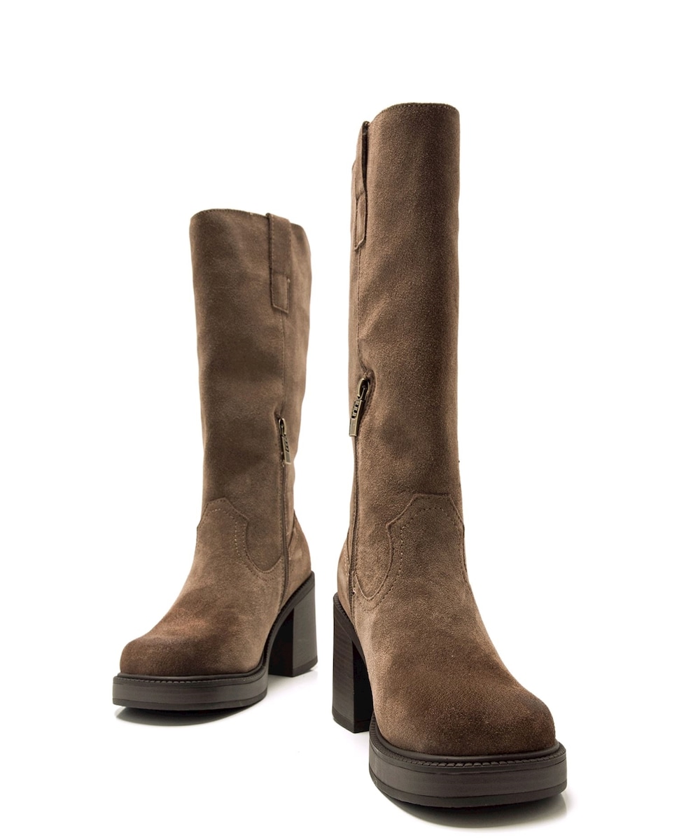 Botas Altas em Pele com Salto Largo e Plataforma Castanho-escuro-4