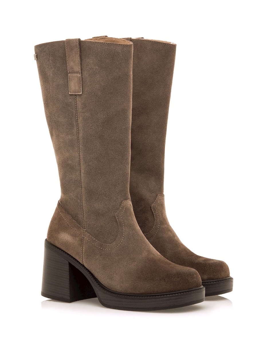 Botas Altas em Pele com Salto Largo e Plataforma Castanho-escuro-5