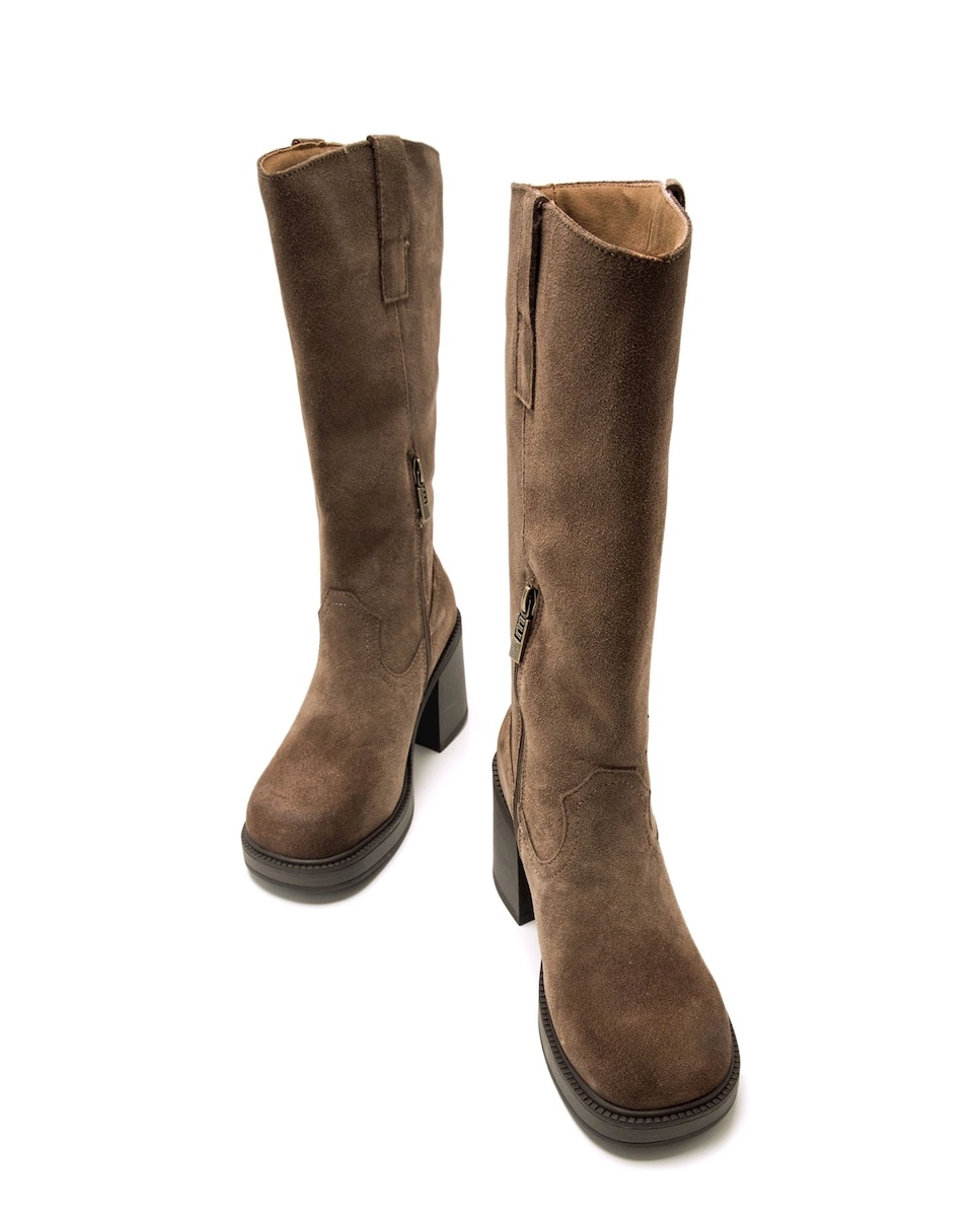 Botas Altas em Pele com Salto Largo e Plataforma Castanho-escuro-6