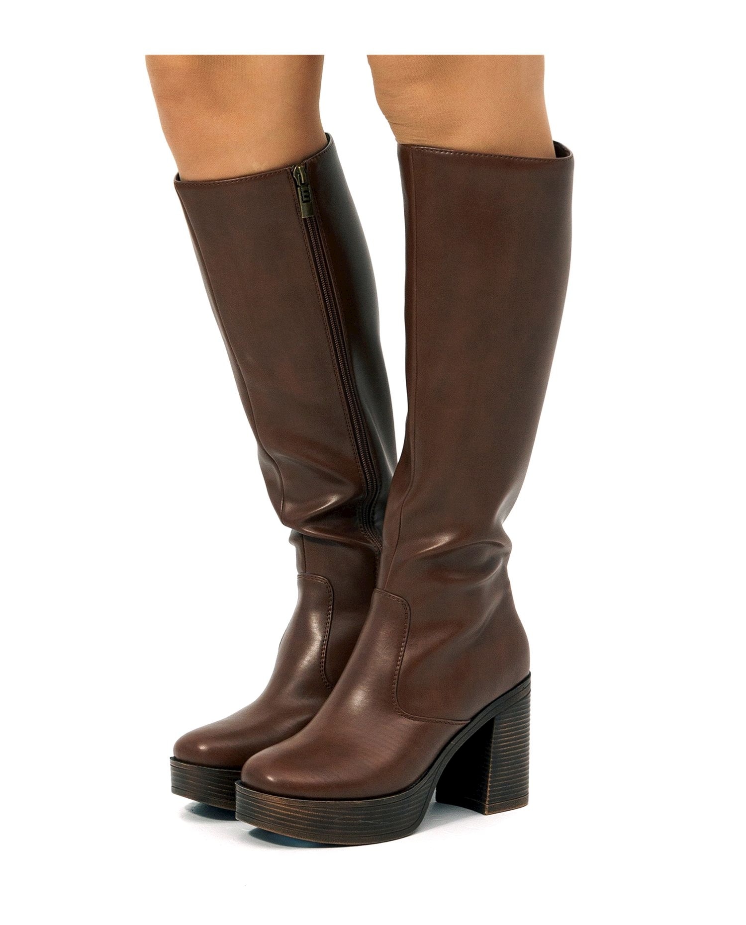 Botas Básicas Altas com Tacão Grosso e Plataforma Castanho-3