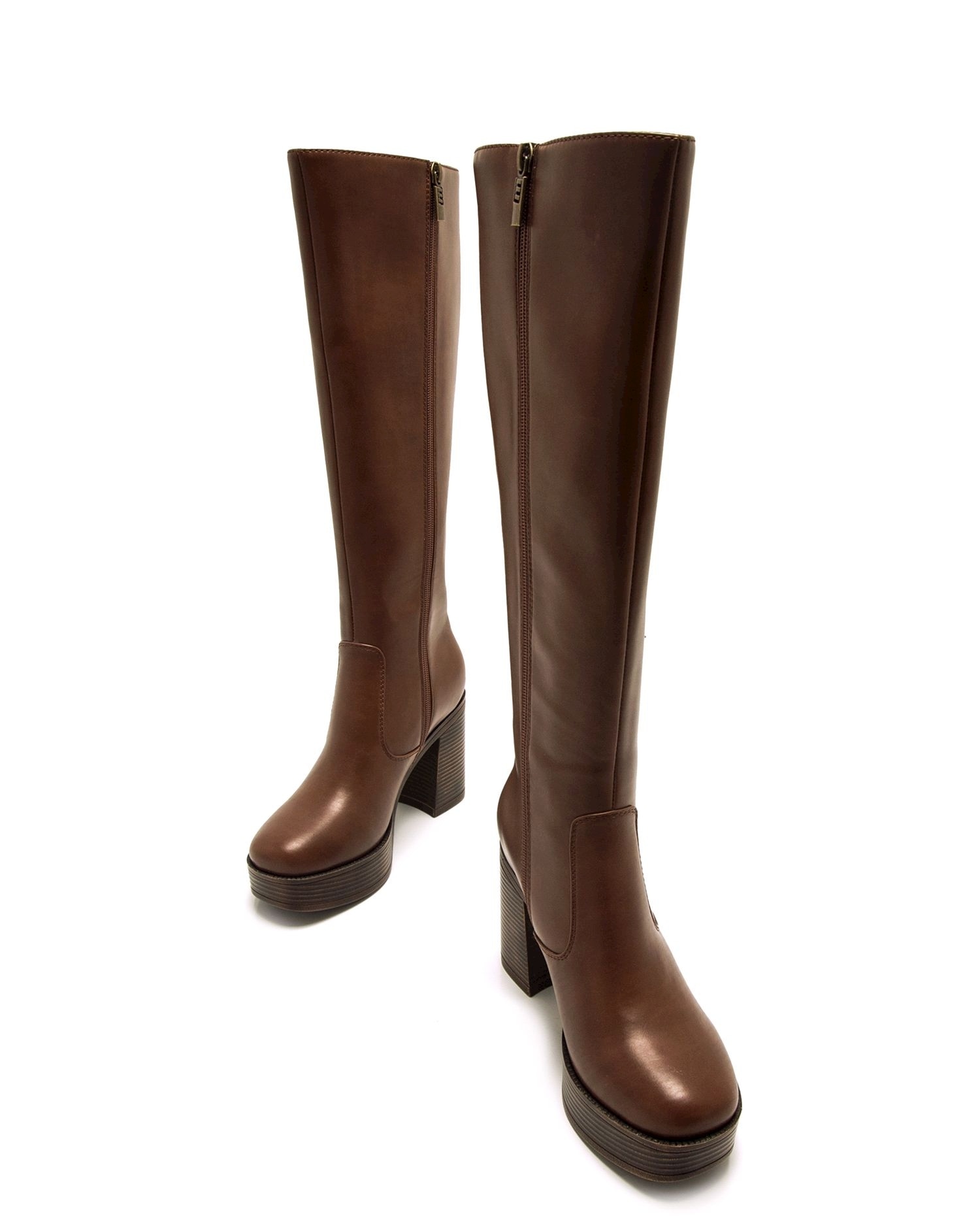 Botas Básicas Altas com Tacão Grosso e Plataforma Castanho-4