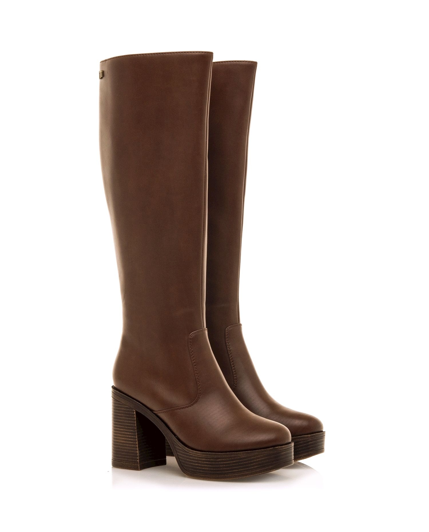 Botas Básicas Altas com Tacão Grosso e Plataforma Castanho-5