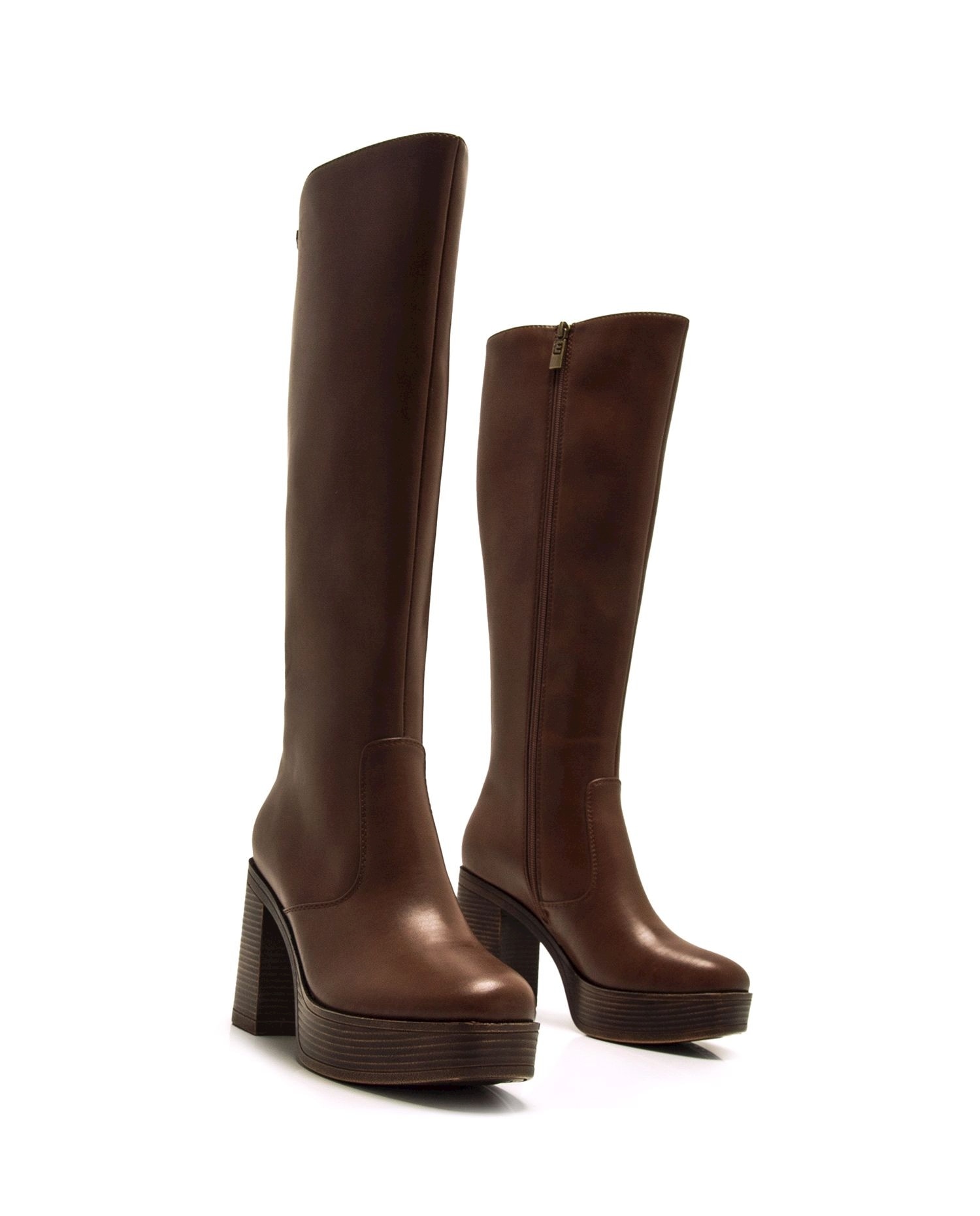 Botas Básicas Altas com Tacão Grosso e Plataforma Castanho-6