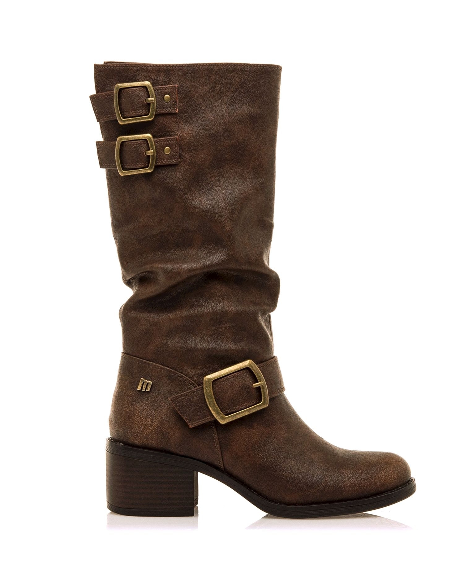 Botas Básicas Altas com Detalhe de Fivelas Largas Castanho-escuro-1