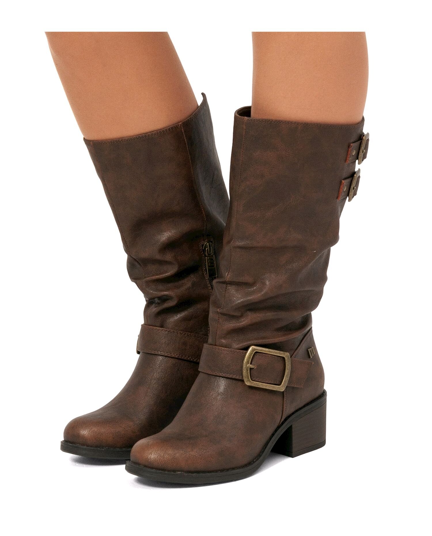 Botas Básicas Altas com Detalhe de Fivelas Largas Castanho-escuro-3