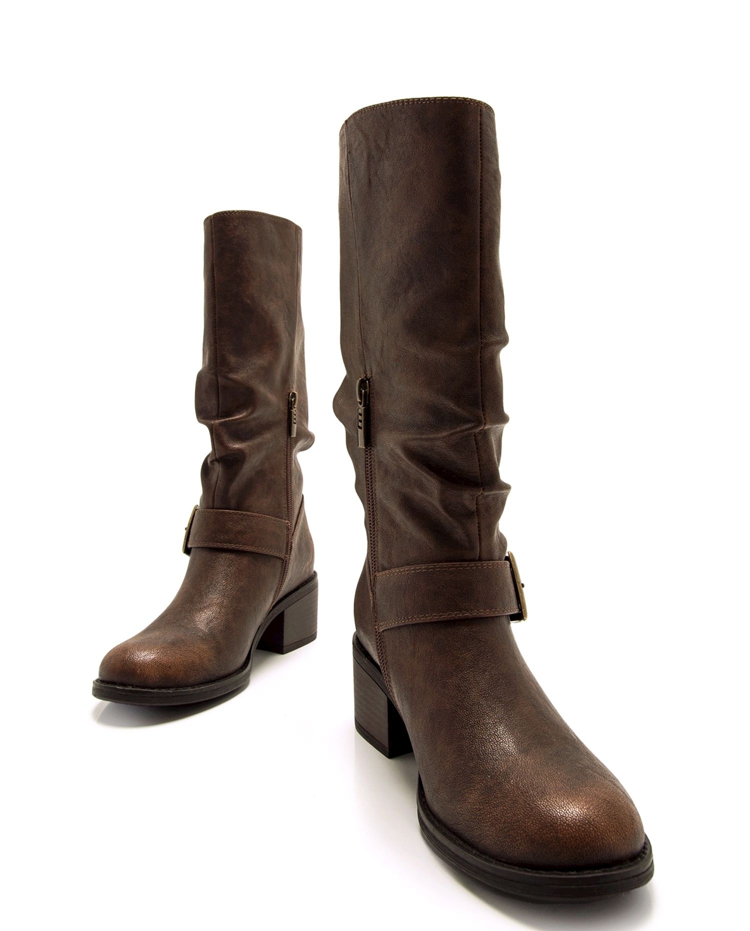 Botas Básicas Altas com Detalhe de Fivelas Largas Castanho-escuro-4