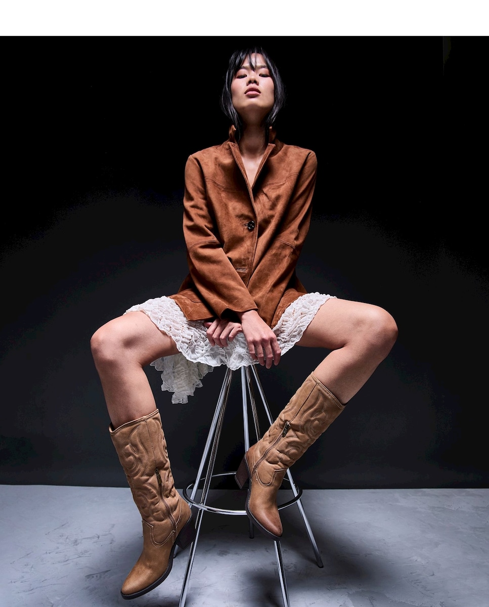 Botas Cowboy Altas com Tacão Cowboy Castanho-claro-2