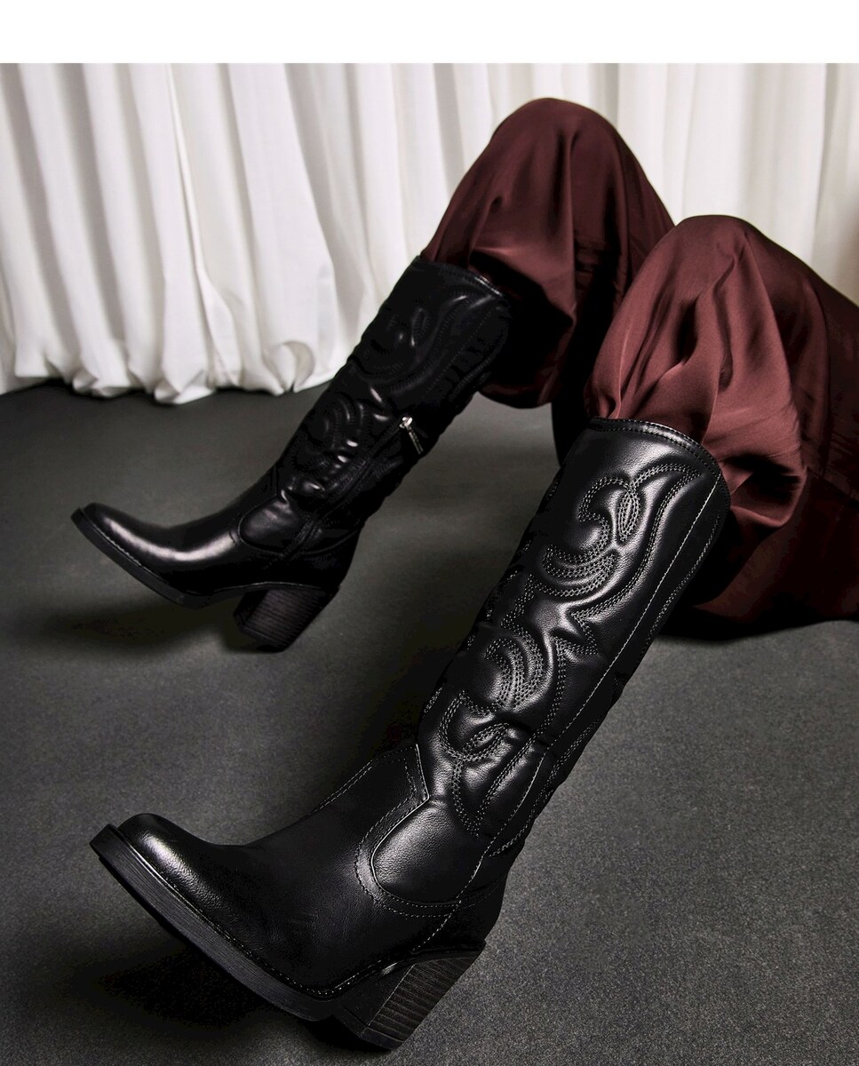 Botas Cowboy Altas com Tacão Cowboy Preto-2