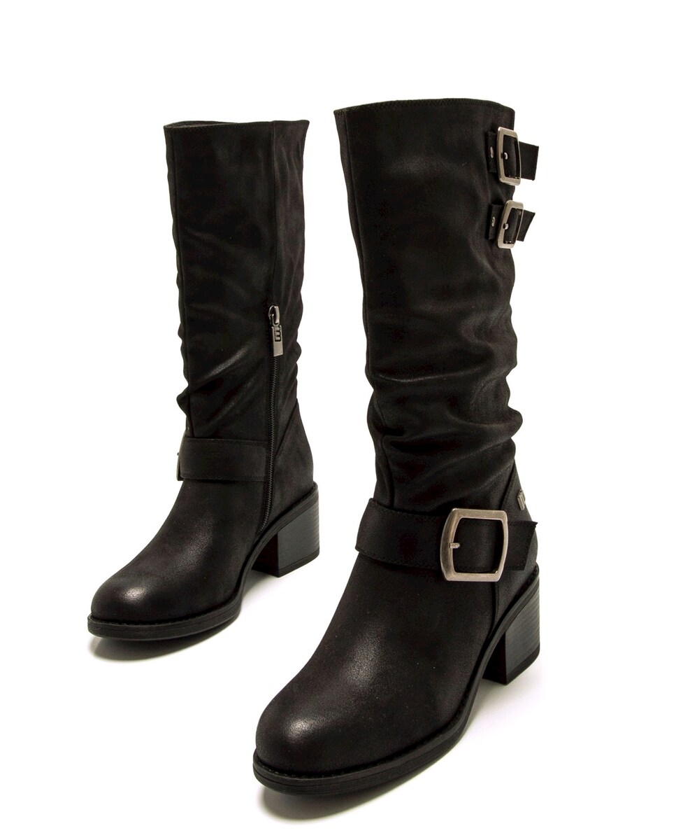 Botas Básicas Altas com Detalhe de Fivelas Largas Preto-2