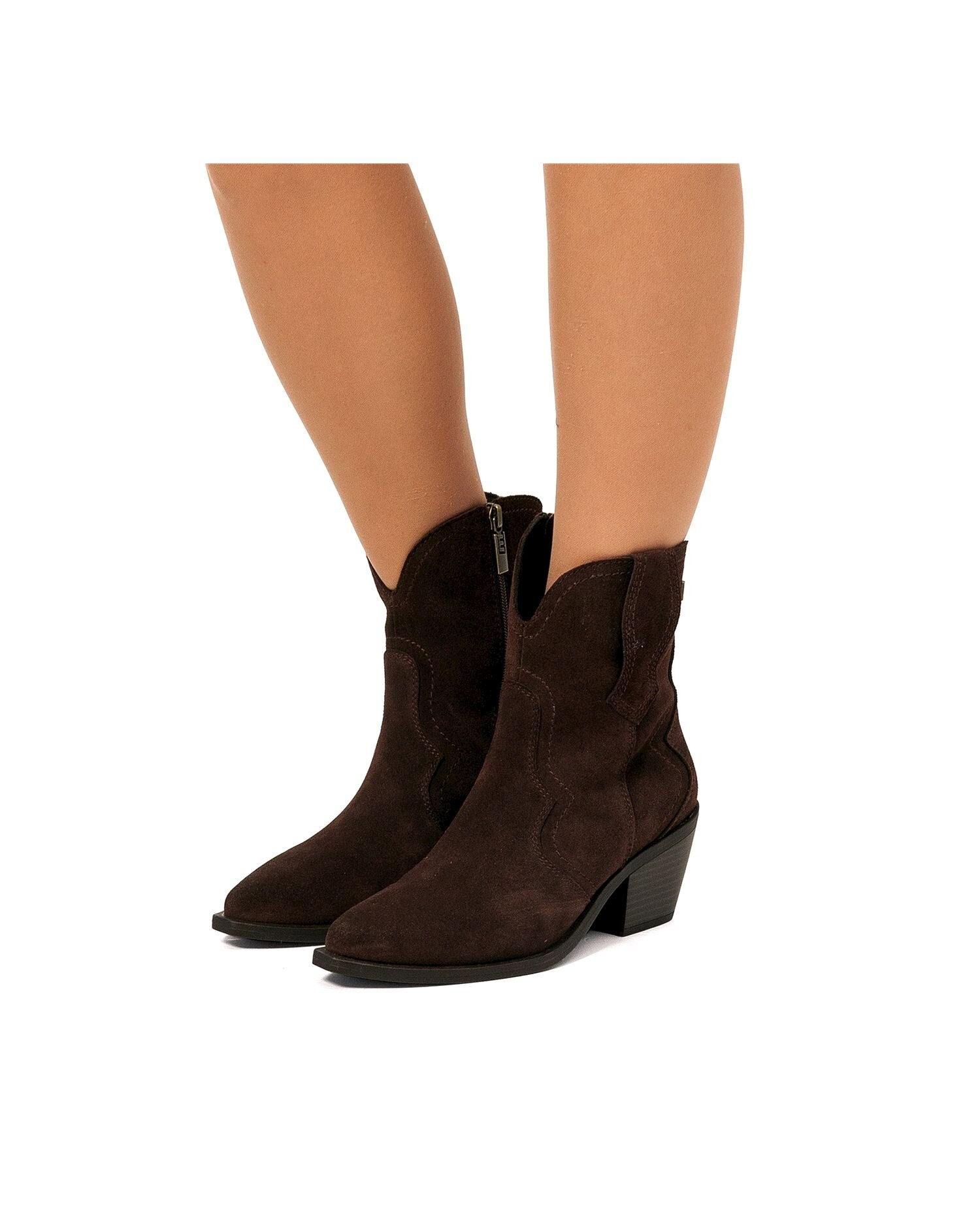 Botins em Pele de Camurça e Tacão Cowboy Castanho-escuro-3