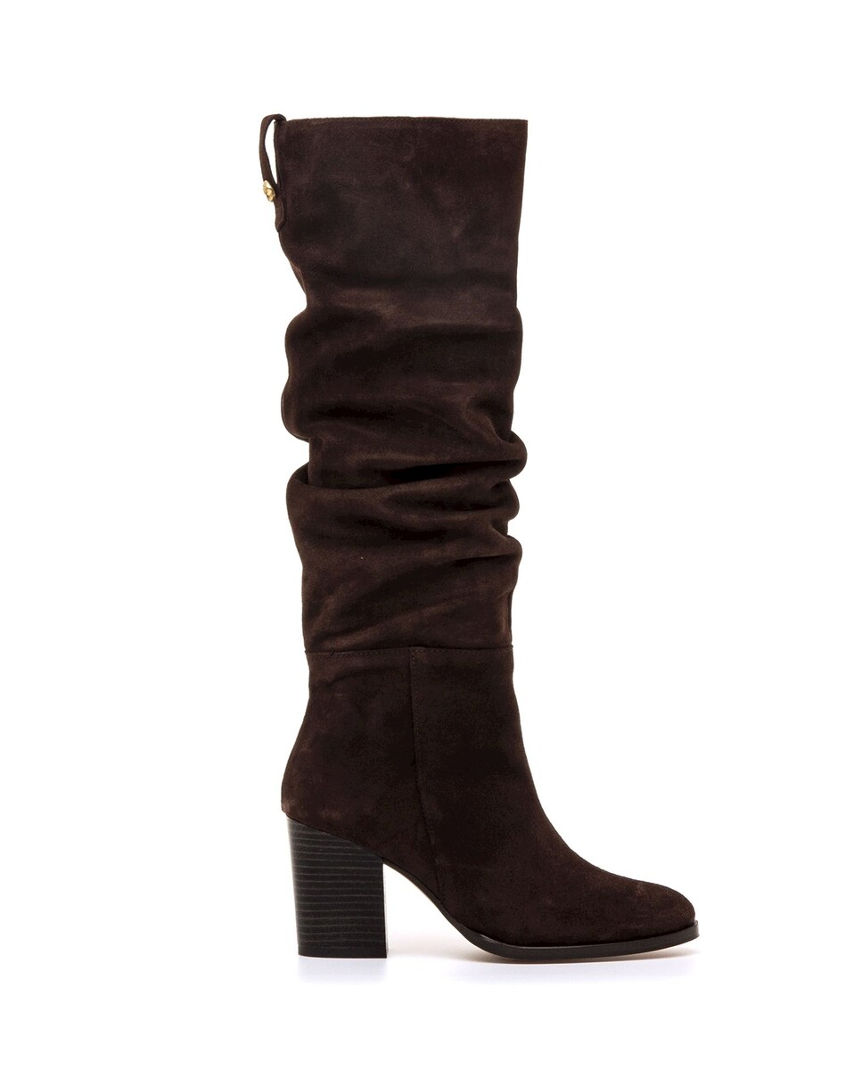 Botas Altas de Salto em Pele de Camurça com Cano Franzido Castanho-escuro-1