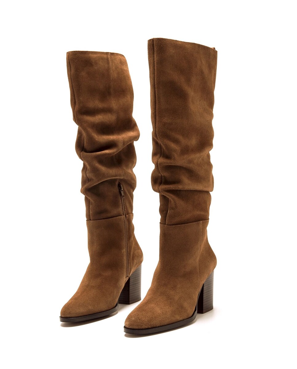 Botas Altas de Salto em Pele de Camurça com Cano Franzido Castanho-2